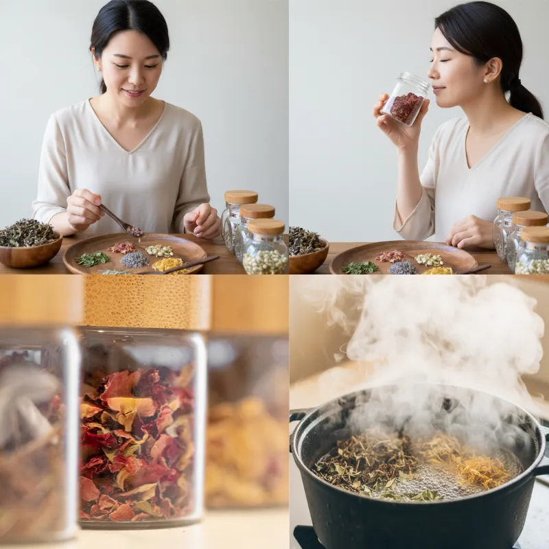 よもぎやハーブを選び、蒸気で身体を整えるイメージ